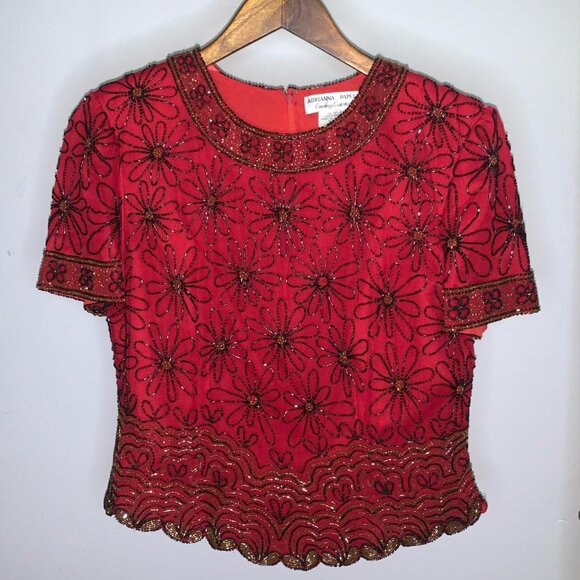 Adrianna Papell Tops - Vintage Adrianna Papéll Red Beaded Short Sleeve Formal Blouse 100% Silk